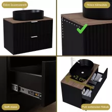 HD Rapallo Matt Black 80 komplett fürdőszoba bútor szett fali mosdószekrénnyel, matt fehér fogantyúval, tölgyfa színű mosdópulttal, tükörrel és magasszekrénnyel