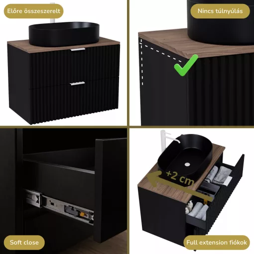 HD Rapallo Matt Black 80 komplett fürdőszoba bútor szett fali mosdószekrénnyel, matt fehér fogantyúval, tölgyfa színű mosdópulttal, tükörrel és magasszekrénnyel