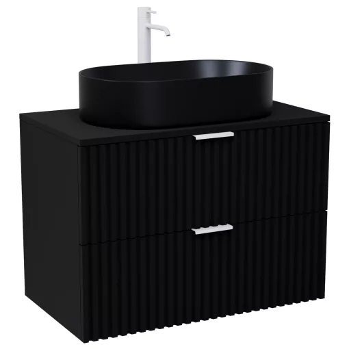 HD Rapallo Matt Black 80 fali mosdószekrény matt fekete mosdópulttal és matt fehér fogantyúkkal