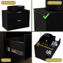 HD Rapallo Matt Black 80 fali mosdószekrény matt fekete mosdópulttal és matt fehér fogantyúkkal