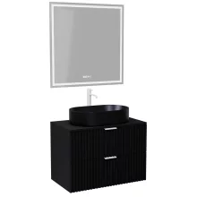 HD Rapallo Matt Black 80 komplett fürdőszoba bútor fali mosdószekrénnyel, matt fehér fogantyúkkal, fekete mosdópulttal és tükörrel