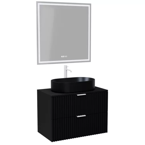 HD Rapallo Matt Black 80 komplett fürdőszoba bútor fali mosdószekrénnyel, matt fehér fogantyúkkal, fekete mosdópulttal és tükörrel