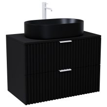 HD Rapallo Matt Black 80 komplett fürdőszoba bútor szett fali mosdószekrénnyel, matt fehér fogantyúval, fekete mosdópulttal, tükörrel és magasszekrénnyel