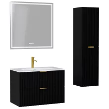 HD Ravello Matt Black 80 komplett fürdőszoba bútor szett fali mosdószekrénnyel, szálcsiszolt arany fogantyúkkal, fényes fehér slim mosdóval, tükörrel és magasszekrénnyel