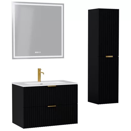 HD Ravello Matt Black 80 komplett fürdőszoba bútor szett fali mosdószekrénnyel, szálcsiszolt arany fogantyúkkal, fényes fehér slim mosdóval, tükörrel és magasszekrénnyel