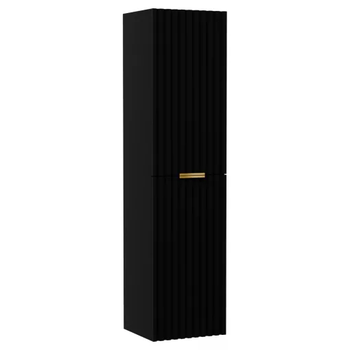 HD Ravello Matt Black 80 komplett fürdőszoba bútor szett fali mosdószekrénnyel, szálcsiszolt arany fogantyúkkal, fényes fehér slim mosdóval, tükörrel és magasszekrénnyel
