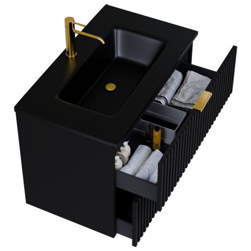 HD Ravello Matt Black 80 fali mosdószekrény szálcsiszolt arany fogantyúkkal és matt fekete slim mosdóval