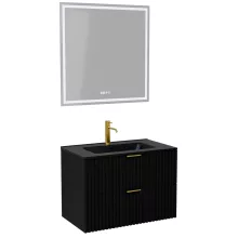 HD Ravello Matt Black 80 komplett fürdőszoba bútor fali mosdószekrénnyel, szálcsiszolt arany fogantyúkkal, matt fekete slim mosdóval és tükörrel