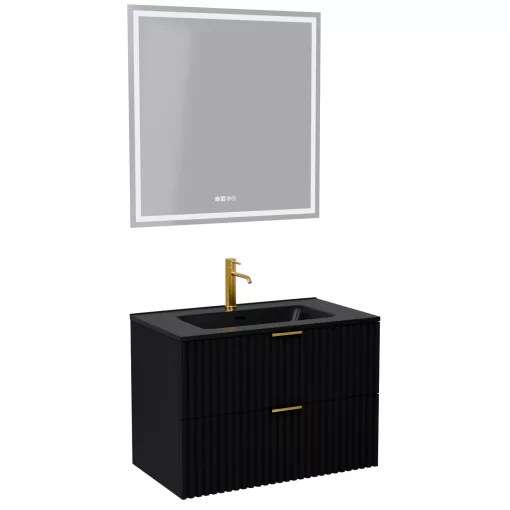HD Ravello Matt Black 80 komplett fürdőszoba bútor fali mosdószekrénnyel, szálcsiszolt arany fogantyúkkal, matt fekete slim mosdóval és tükörrel