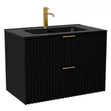 HD Ravello Matt Black 80 komplett fürdőszoba bútor fali mosdószekrénnyel, szálcsiszolt arany fogantyúkkal, matt fekete slim mosdóval és tükörrel