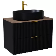 HD Rapallo Matt Black 80 komplett fürdőszoba bútor fali mosdószekrénnyel, szálcsiszolt arany fogantyúkkal, tölgyfa színű mosdópulttal és tükörrel