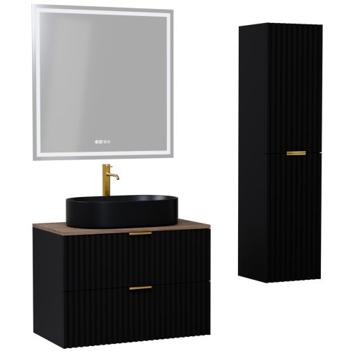 HD Rapallo Matt Black 80 komplett fürdőszoba bútor szett fali mosdószekrénnyel, szálcsiszolt arany fogantyúval, tölgyfa színű mosdópulttal, tükörrel és magasszekrénnyel