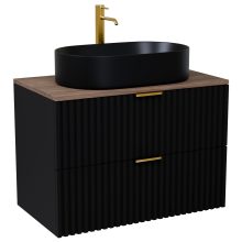 HD Rapallo Matt Black 80 komplett fürdőszoba bútor szett fali mosdószekrénnyel, szálcsiszolt arany fogantyúval, tölgyfa színű mosdópulttal, tükörrel és magasszekrénnyel