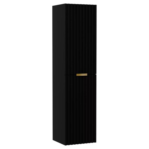 HD Rapallo Matt Black 80 komplett fürdőszoba bútor szett fali mosdószekrénnyel, szálcsiszolt arany fogantyúval, tölgyfa színű mosdópulttal, tükörrel és magasszekrénnyel