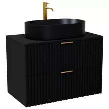 HD Rapallo Matt Black 80 komplett fürdőszoba bútor fali mosdószekrénnyel, szálcsiszolt arany fogantyúkkal, fekete mosdópulttal és tükörrel