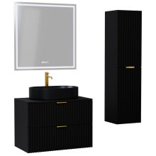 HD Rapallo Matt Black 80 komplett fürdőszoba bútor szett fali mosdószekrénnyel, szálcsiszolt arany fogantyúval, fekete mosdópulttal, tükörrel és magasszekrénnyel