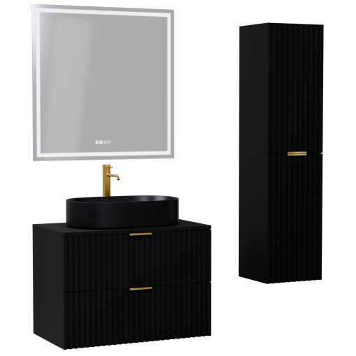 HD Rapallo Matt Black 80 komplett fürdőszoba bútor szett fali mosdószekrénnyel, szálcsiszolt arany fogantyúval, fekete mosdópulttal, tükörrel és magasszekrénnyel