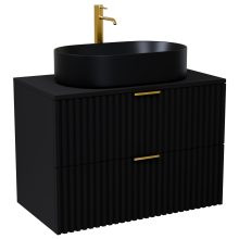 HD Rapallo Matt Black 80 komplett fürdőszoba bútor szett fali mosdószekrénnyel, szálcsiszolt arany fogantyúval, fekete mosdópulttal, tükörrel és magasszekrénnyel