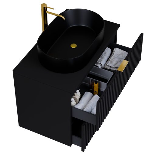 HD Rapallo Matt Black 80 komplett fürdőszoba bútor szett fali mosdószekrénnyel, szálcsiszolt arany fogantyúval, fekete mosdópulttal, tükörrel és magasszekrénnyel