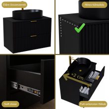 HD Rapallo Matt Black 80 komplett fürdőszoba bútor szett fali mosdószekrénnyel, szálcsiszolt arany fogantyúval, fekete mosdópulttal, tükörrel és magasszekrénnyel