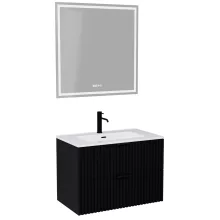 HD Ravello Matt Black 80 komplett fürdőszoba bútor fali mosdószekrénnyel, matt fekete fogantyúkkal, fényes fehér slim mosdóval és tükörrel