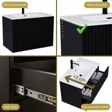 HD Ravello Matt Black 80 komplett fürdőszoba bútor fali mosdószekrénnyel, matt fekete fogantyúkkal, fényes fehér slim mosdóval és tükörrel