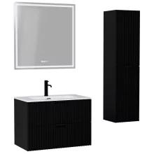 HD Ravello Matt Black 80 komplett fürdőszoba bútor szett fali mosdószekrénnyel, matt fekete fogantyúkkal, fényes fehér slim mosdóval, tükörrel és magasszekrénnyel