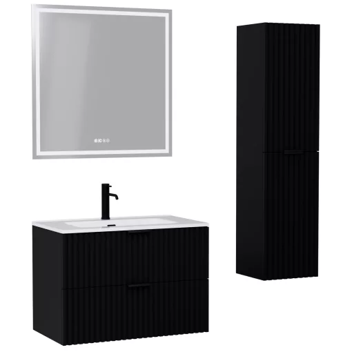 HD Ravello Matt Black 80 komplett fürdőszoba bútor szett fali mosdószekrénnyel, matt fekete fogantyúkkal, fényes fehér slim mosdóval, tükörrel és magasszekrénnyel