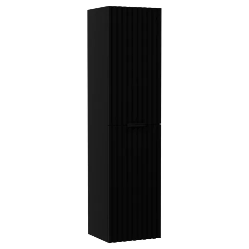 HD Ravello Matt Black 80 komplett fürdőszoba bútor szett fali mosdószekrénnyel, matt fekete fogantyúkkal, fényes fehér slim mosdóval, tükörrel és magasszekrénnyel