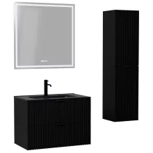 HD Ravello Matt Black 80 komplett fürdőszoba bútor szett fali mosdószekrénnyel, matt fekete fogantyúkkal, matt fekete slim mosdóval, tükörrel és magasszekrénnyel