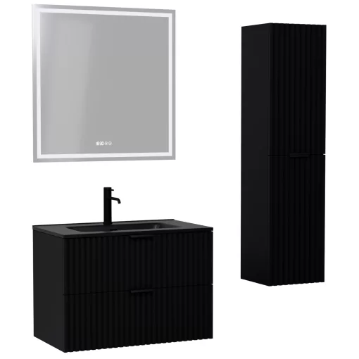HD Ravello Matt Black 80 komplett fürdőszoba bútor szett fali mosdószekrénnyel, matt fekete fogantyúkkal, matt fekete slim mosdóval, tükörrel és magasszekrénnyel