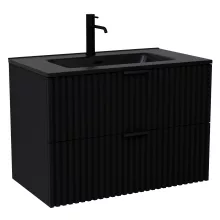 HD Ravello Matt Black 80 komplett fürdőszoba bútor szett fali mosdószekrénnyel, matt fekete fogantyúkkal, matt fekete slim mosdóval, tükörrel és magasszekrénnyel