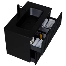 HD Ravello Matt Black 80 komplett fürdőszoba bútor szett fali mosdószekrénnyel, matt fekete fogantyúkkal, matt fekete slim mosdóval, tükörrel és magasszekrénnyel