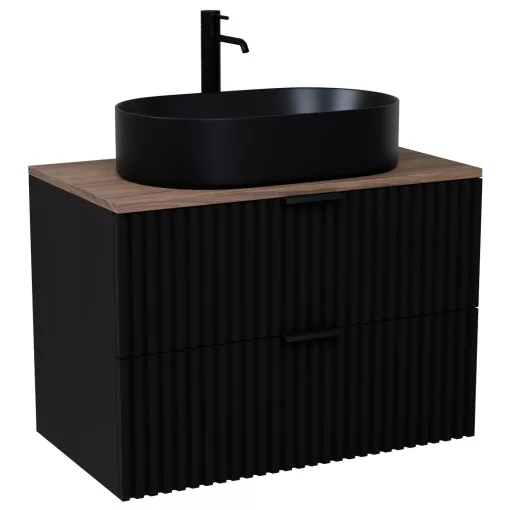 HD Rapallo Matt Black 80 fali mosdószekrény tölgyfa színű mosdópulttal és matt fekete fogantyúkkal