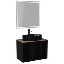 HD Rapallo Matt Black 80 komplett fürdőszoba bútor fali mosdószekrénnyel, matt fekete fogantyúkkal, tölgyfa színű mosdópulttal és tükörrel