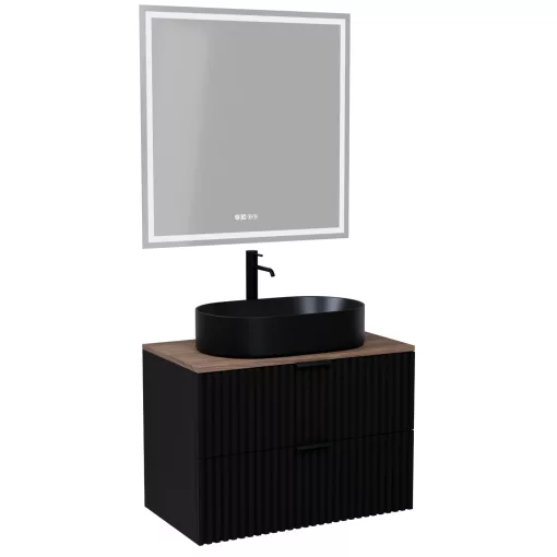 HD Rapallo Matt Black 80 komplett fürdőszoba bútor fali mosdószekrénnyel, matt fekete fogantyúkkal, tölgyfa színű mosdópulttal és tükörrel