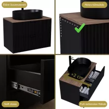 HD Rapallo Matt Black 80 komplett fürdőszoba bútor fali mosdószekrénnyel, matt fekete fogantyúkkal, tölgyfa színű mosdópulttal és tükörrel