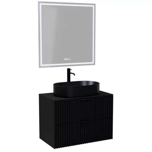 HD Rapallo Matt Black 80 komplett fürdőszoba bútor fali mosdószekrénnyel, matt fekete fogantyúkkal, fekete mosdópulttal és tükörrel