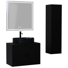 HD Rapallo Matt Black 80 komplett fürdőszoba bútor szett fali mosdószekrénnyel, matt fekete fogantyúval, fekete mosdópulttal, tükörrel és magasszekrénnyel