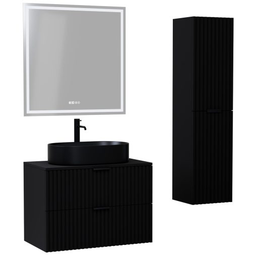 HD Rapallo Matt Black 80 komplett fürdőszoba bútor szett fali mosdószekrénnyel, matt fekete fogantyúval, fekete mosdópulttal, tükörrel és magasszekrénnyel