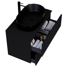 HD Rapallo Matt Black 80 komplett fürdőszoba bútor szett fali mosdószekrénnyel, matt fekete fogantyúval, fekete mosdópulttal, tükörrel és magasszekrénnyel