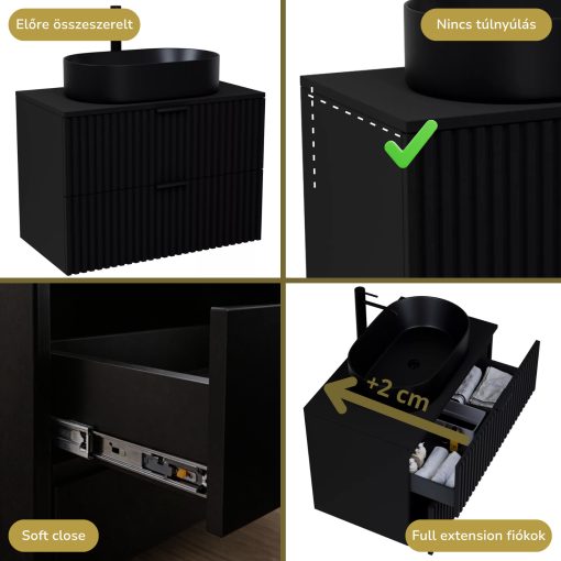 HD Rapallo Matt Black 80 komplett fürdőszoba bútor szett fali mosdószekrénnyel, matt fekete fogantyúval, fekete mosdópulttal, tükörrel és magasszekrénnyel