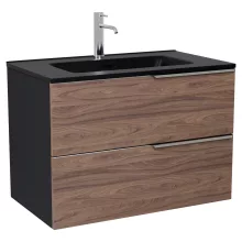 HD Cremona Black-Oak 80 komplett fürdőszoba bútor szett fali mosdószekrénnyel, fényes króm fogantyúkkal, matt fekete slim mosdóval, tükörrel és magasszekrénnyel