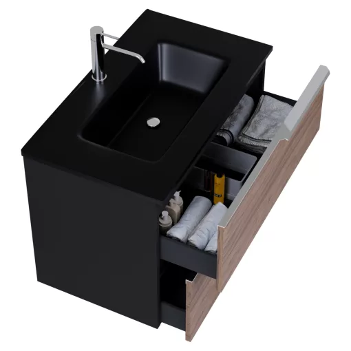 HD Cremona Black-Oak 80 komplett fürdőszoba bútor szett fali mosdószekrénnyel, fényes króm fogantyúkkal, matt fekete slim mosdóval, tükörrel és magasszekrénnyel