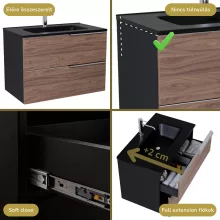 HD Cremona Black-Oak 80 komplett fürdőszoba bútor szett fali mosdószekrénnyel, fényes króm fogantyúkkal, matt fekete slim mosdóval, tükörrel és magasszekrénnyel