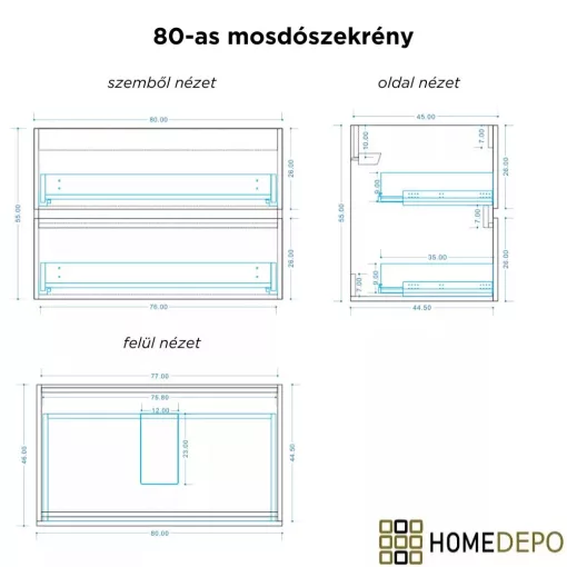 HD Cremona Black-Oak 80 komplett fürdőszoba bútor szett fali mosdószekrénnyel, fényes króm fogantyúkkal, matt fekete slim mosdóval, tükörrel és magasszekrénnyel