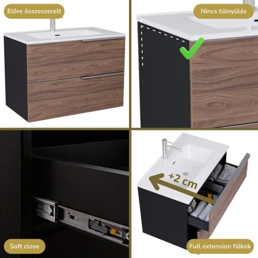 HD Cremona Black-Oak 80 komplett fürdőszoba bútor szett fali mosdószekrénnyel, szálcsiszolt króm fogantyúkkal, fényes fehér slim mosdóval, tükörrel és magasszekrénnyel