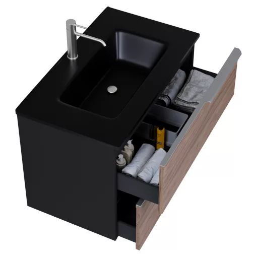 HD Cremona Black-Oak 80 komplett fürdőszoba bútor szett fali mosdószekrénnyel, szálcsiszolt króm fogantyúkkal, matt fekete slim mosdóval, tükörrel és magasszekrénnyel