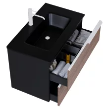 HD Cremona Black-Oak 80 komplett fürdőszoba bútor szett fali mosdószekrénnyel, matt fehér fogantyúkkal, matt fekete slim mosdóval, tükörrel és magasszekrénnyel