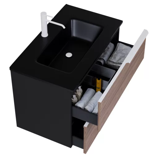 HD Cremona Black-Oak 80 komplett fürdőszoba bútor szett fali mosdószekrénnyel, matt fehér fogantyúkkal, matt fekete slim mosdóval, tükörrel és magasszekrénnyel